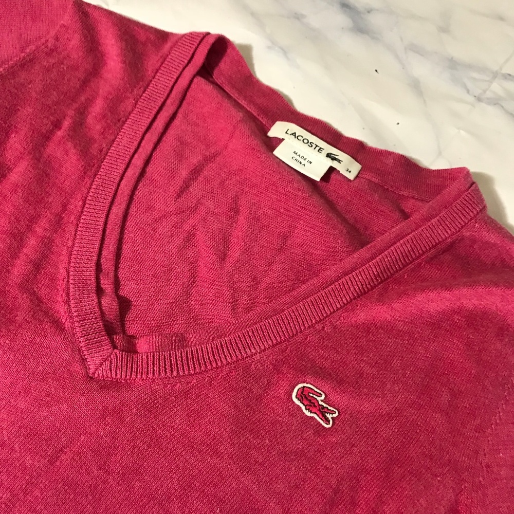 Lacoste Raspberry Pink V-Neck Pullover Sweater - Picture 3 of 7